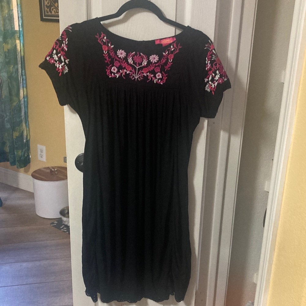 Catherine Malandrino Black Dress with Pink Embroidery medium
